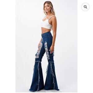 Almost Famous Distressed Ripped Flare Bell Bottom Jeans High Rise Dark Wash sz 7